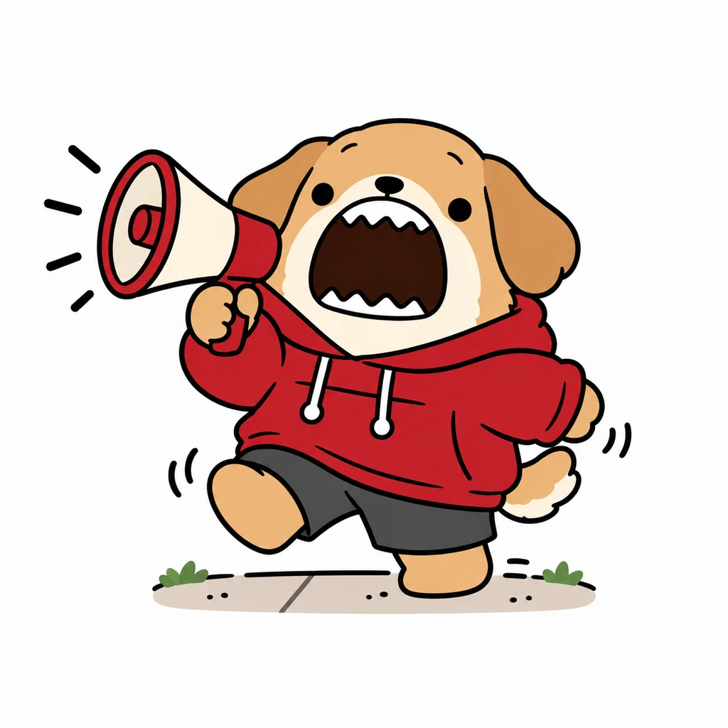 Yappie marching through the neighbourhood with a megaphone