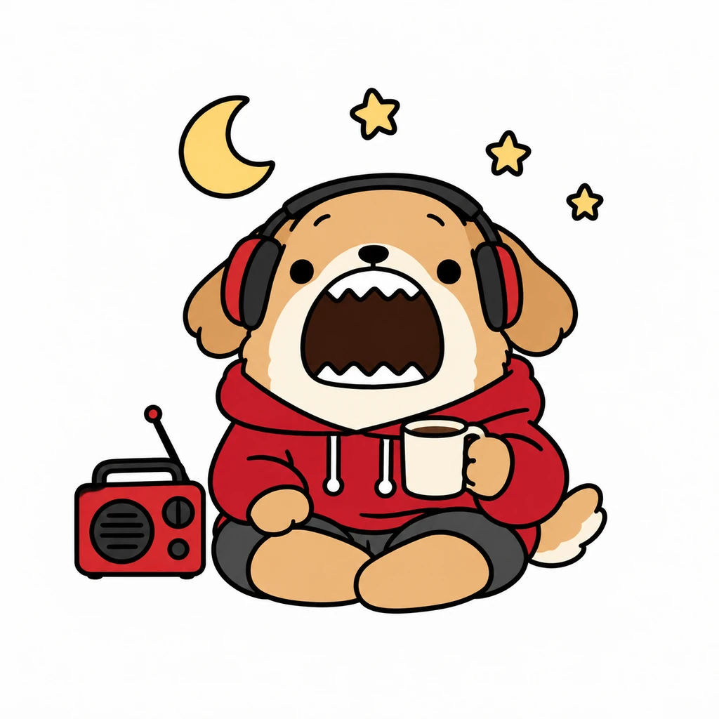 Yappie on the night shift with a little red radio and a warm mug