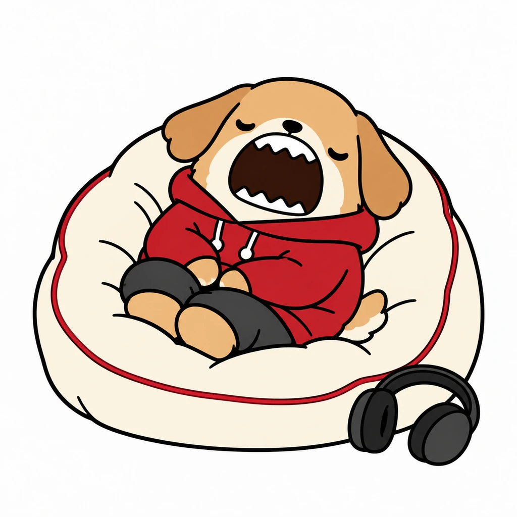 Yappie sleeping on a cream beanbag, his mouth still open
